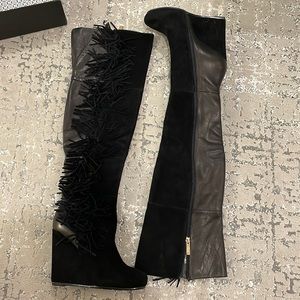 Fringe Leather Thigh high wedge boot